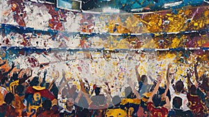 Painting of the football game El Clasico, colorful, bursting with the colors of both teams, white and gold, blue and maroon. photo