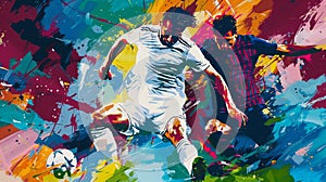 Painting of the football game El Clasico, colorful, bursting with the colors of both teams, white and gold, blue and maroon. photo