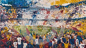 Painting of the football game El Clasico, colorful, bursting with the colors of both teams, white and gold, blue and maroon. photo