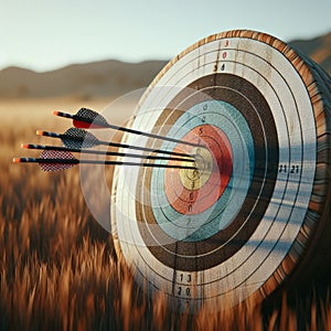 Archery target sits in field with several arrows making their mark