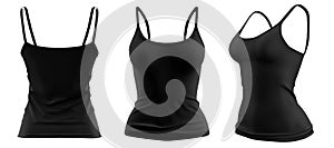 Set of woman black, front, back and side view Spaghetti thin strappy Strap Camisole tank cami Top on transparent, PNG photo