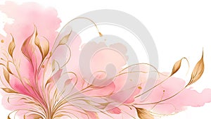 Pink and gold abstract watercolor brush strokes on white background. Pastel tones, space for text.