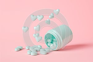 Open pastel blue medical pill with many hearts falling out.