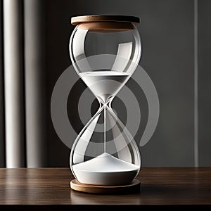 Hourglass on a wooden table and gray background. Time concept.
