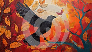 Bold Block Print Of A Black Bird Flying Among Orange Leaves.