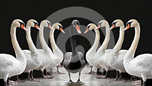 Black swan in a flock of white swans