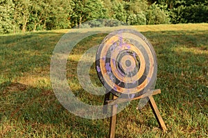 the target for games and darts stands on the grass in the field photo