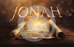 Glowing open scroll parchment revealing the book of the Bible. Book of Jonah photo