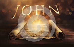 Glowing open scroll parchment revealing the book of the Bible. Book of John