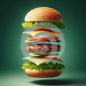 Creation of a hamburger, with stacked ingredients in diagrammatic form photo