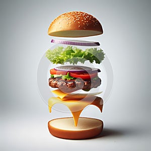 Creation of a hamburger, with stacked ingredients in diagrammatic form photo