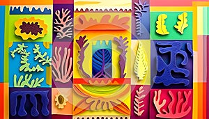 An colourful abstract art piece of cut out shapes photo