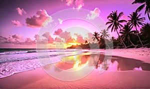 Illustration of sunset on a paradisiacal beach with coconut trees photo