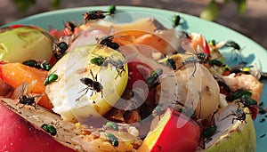 Nature\'s Recyclers: Flies Buzzing Around Rotting Vegetables photo