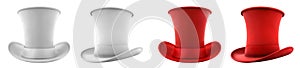 2 Set of red maroon white classic traditional stovepipe top hat, front and side view on transparent PNG photo