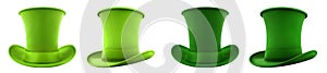 2 Set of dark light green lime classic traditional stovepipe top hat, front side view on transparent PNG photo