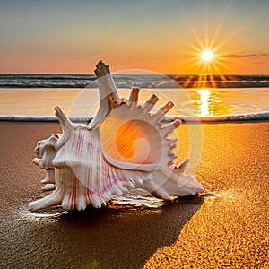 Sunset Shell Serenity : Amidst the sunset setting on the beach.