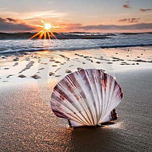 Sunset Shell Serenity : Amidst the sunset setting on the beach.