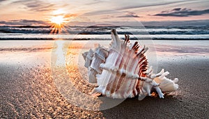 Sunset Shell Serenity : Amidst the sunset setting on the beach.