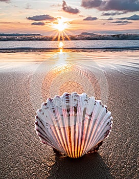 Sunset Shell Serenity : Amidst the sunset setting on the beach.