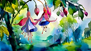 An artistic concept sketch for a studio painting with fuchsia flowers in a landscape scene photo
