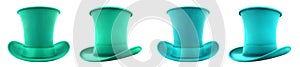 2 Set of turquoise blue green classic traditional stovepipe top hat, front and side view on transparent PNG photo