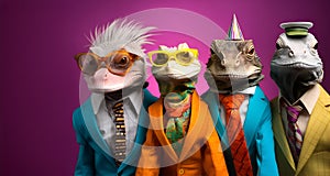 Group of lizard reptile in funky Wacky wild mismatch colourful outfits isolated on bright background photo