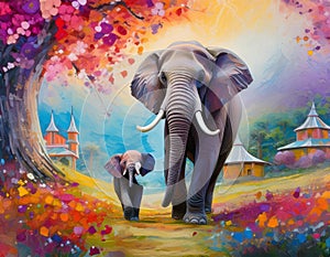 Majestic Elephants in a Colorful Landscape.