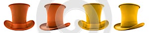 2 Set of yellow orange mustard classic traditional stovepipe top hat, front side view on transparent PNG photo