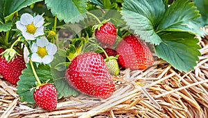 Delicious, ripe strawberries covered with straw
