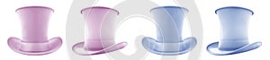 2 Set of pastel light blue purple classic traditional stovepipe top hat, front and side view on transparent PNG photo