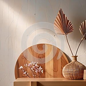 AI-generated Wabi Sabi Living Room Interior with Wooden Console and Paper Flowers photo