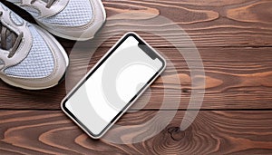 A smartphone with white screen and sneekers on wooden background