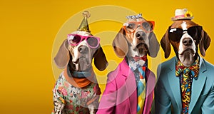 Group of Beagle dog puppy in funky Wacky wild mismatch colourful outfits on bright background photo