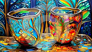 An artistic generated image of two inlayed drinking glasses with colour ink infills