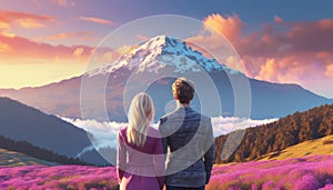 Man and Woman Backside with Warm Sky Backside Mountain, Together Concept