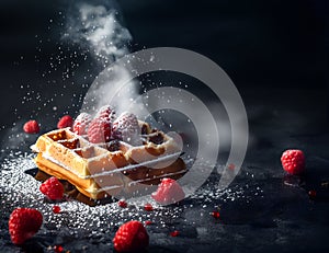 Powder sugar scattered spinkle over stack of waffle pastry dessert with raspberry raspberries fruit