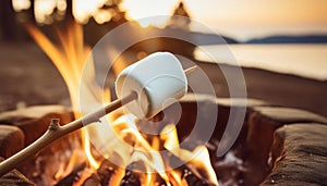 Candy camping. Marshmallow on a stick being roasted over a camping fire