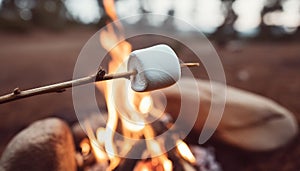 Candy camping. Marshmallow on a stick being roasted over a camping fire