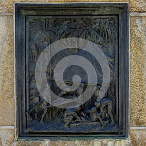 Bronze plaque on the base of The Cenotaph, a war memorial on Heerengracht Street Cape Town, South Africa.
