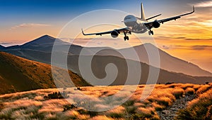 Flying airplane in sunset sky