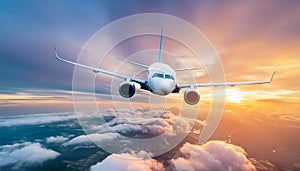 Flying airplane in sunset sky