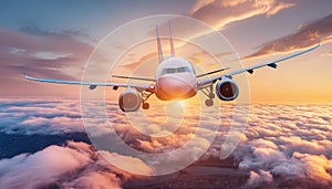 Flying airplane in sunset sky