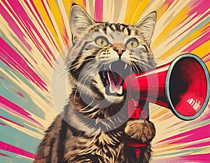 Cat shouting through a megaphone. Pop art retro style.