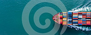 High angle view of a cargo ship in the open ocean