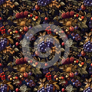 Dark background seamless pattern with grapes, raspberries, and cherries