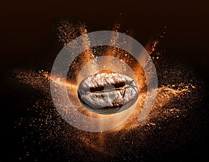 Coffee beans explosion on dark background. 3d rendering.