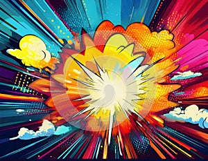 Comic book explosion background with rays and stars. Vector illustration.