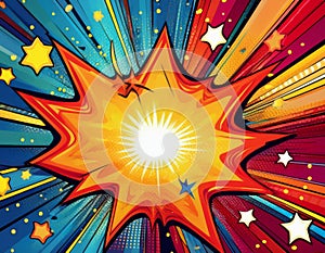 Comic book explosion background with rays and stars. Vector illustration.