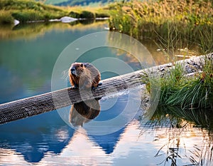 Cute wild nutria (Myocastor coypus) on a log in the water